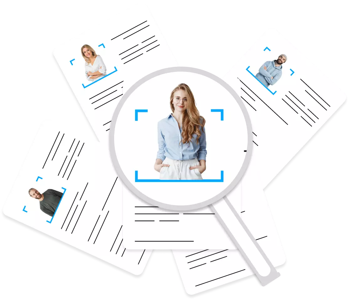 magnifying glass with a recruiting specialist looking through different resumes for a vacancy
